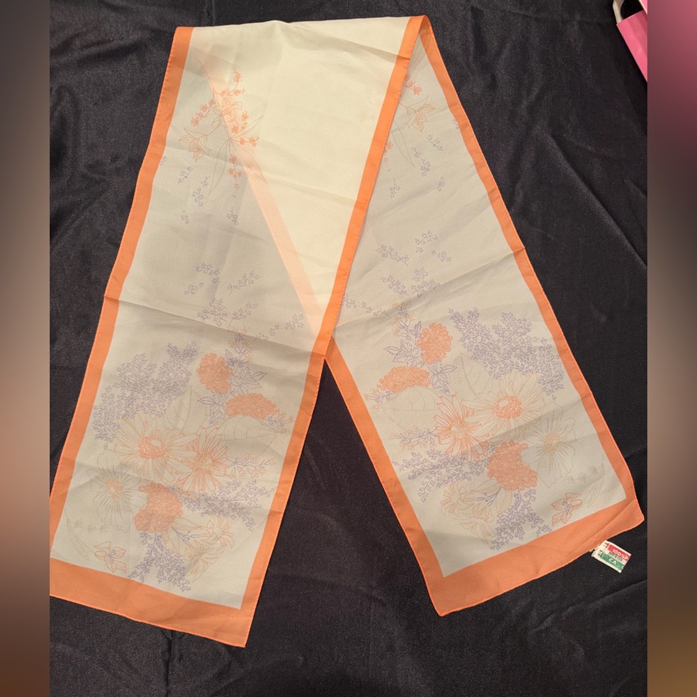 Floral Sheer Scarf with Orange Border